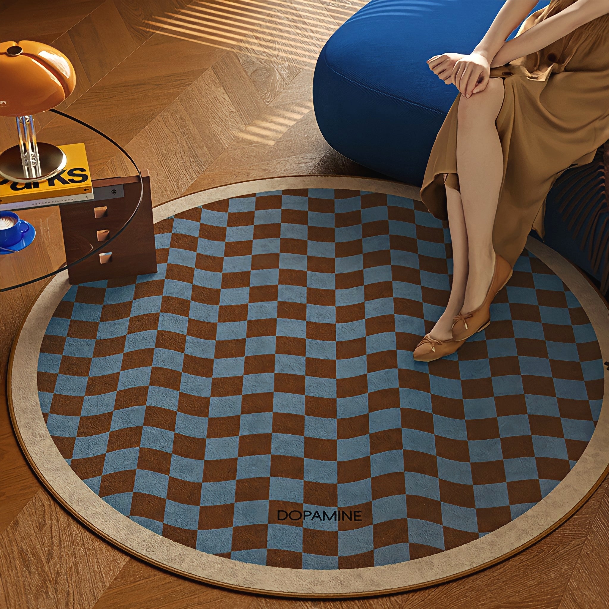 Round 3-Color Rug Carpet, Wave Block Check, Beige