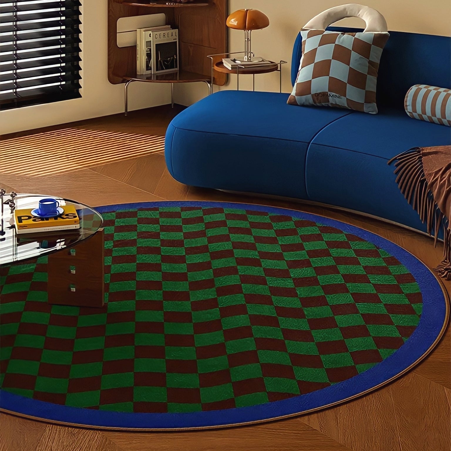 Round 3-Color Rug Carpet Wave Block Check Blue