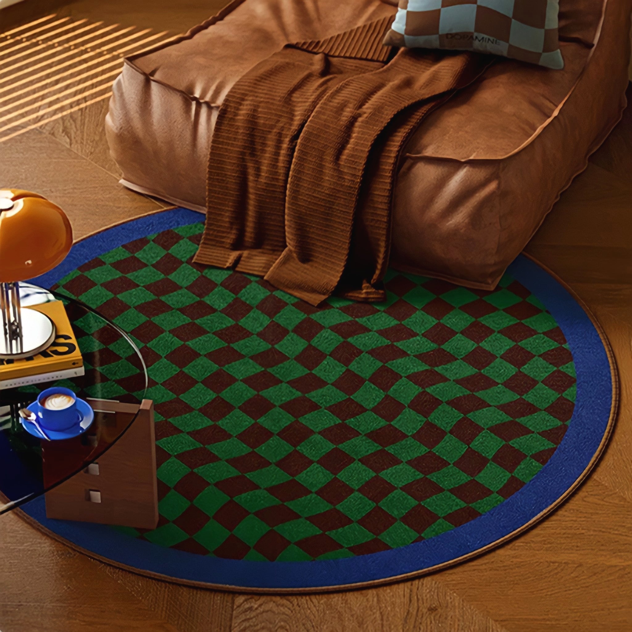 Round 3-Color Rug Carpet Wave Block Check Blue