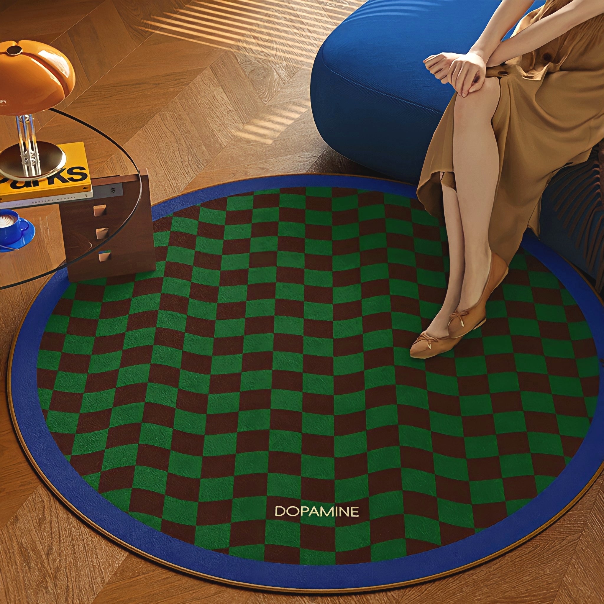 Round 3-Color Rug Carpet Wave Block Check Blue