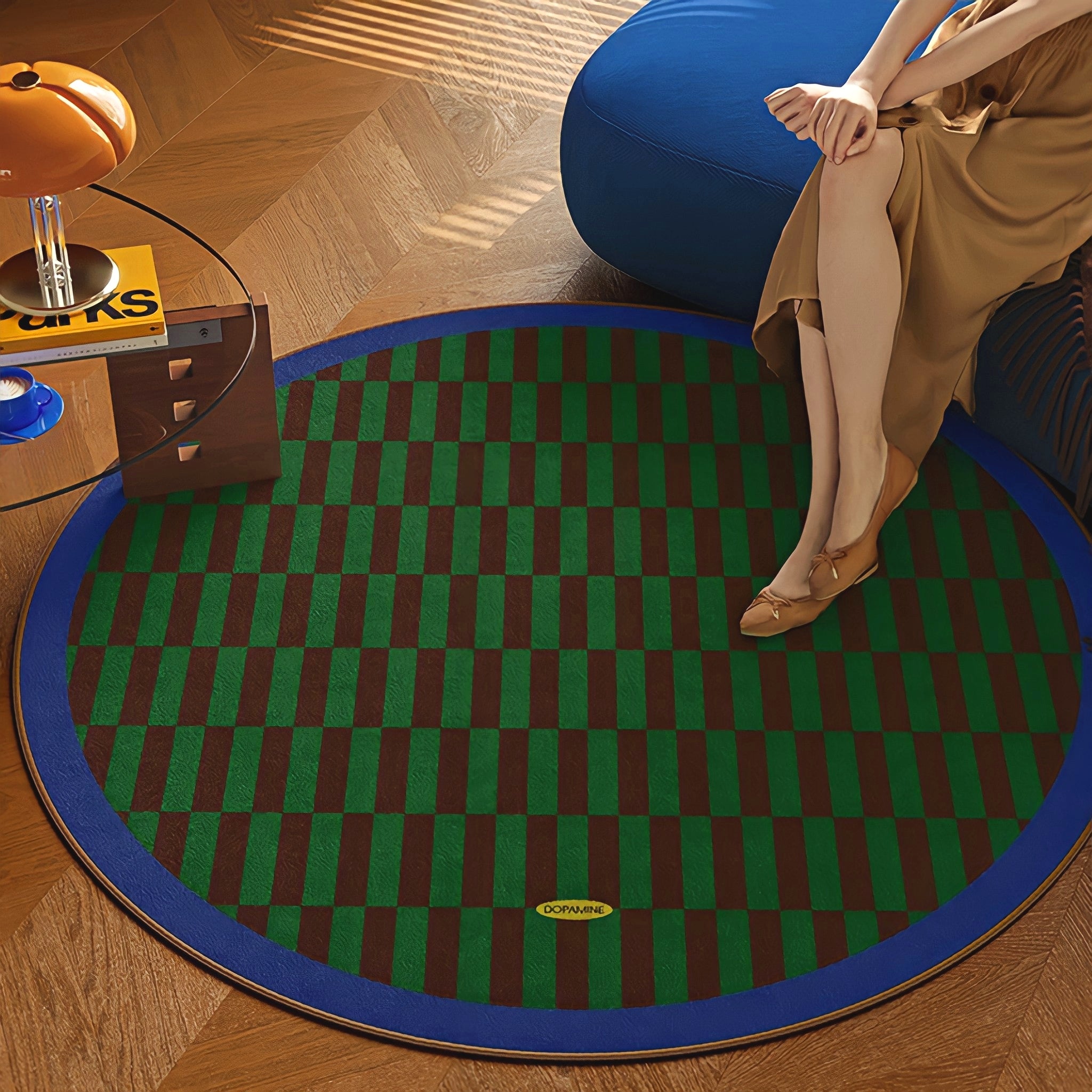 Round 3-Color Rug Carpet Block Check Blue