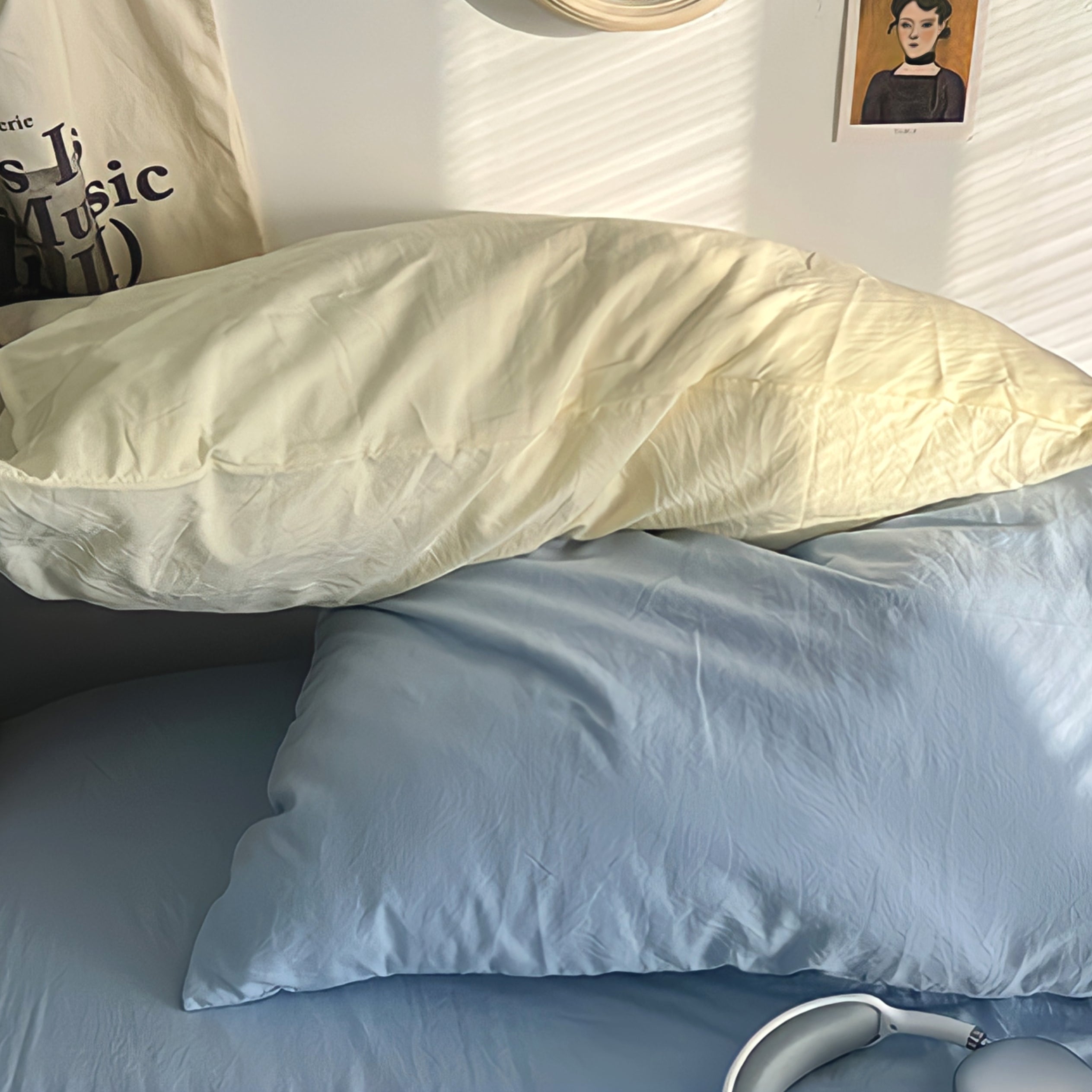ダブルカラーコットン寝具セット チーズミルクブルー