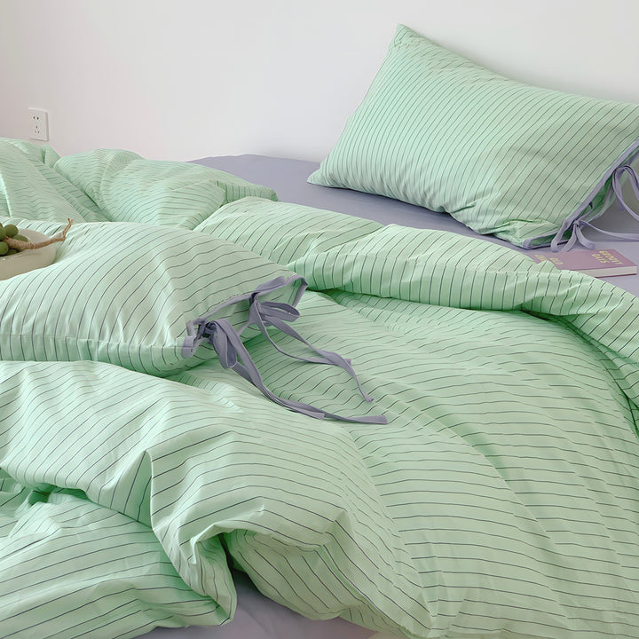 Mint Stripe Ribbon Cotton Bedding Set