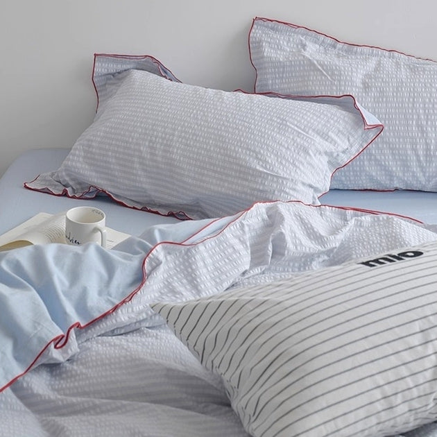 シアサッカーレッドパイピング寝具セット