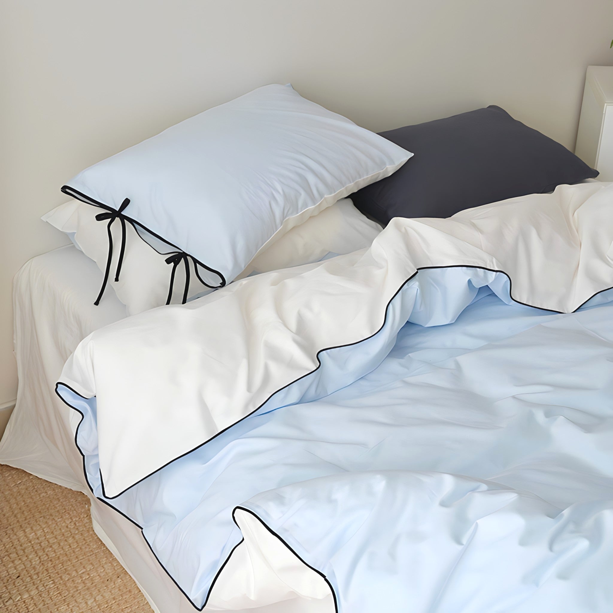 ピュアコットンカラーブロックパイピングブルー寝具セット