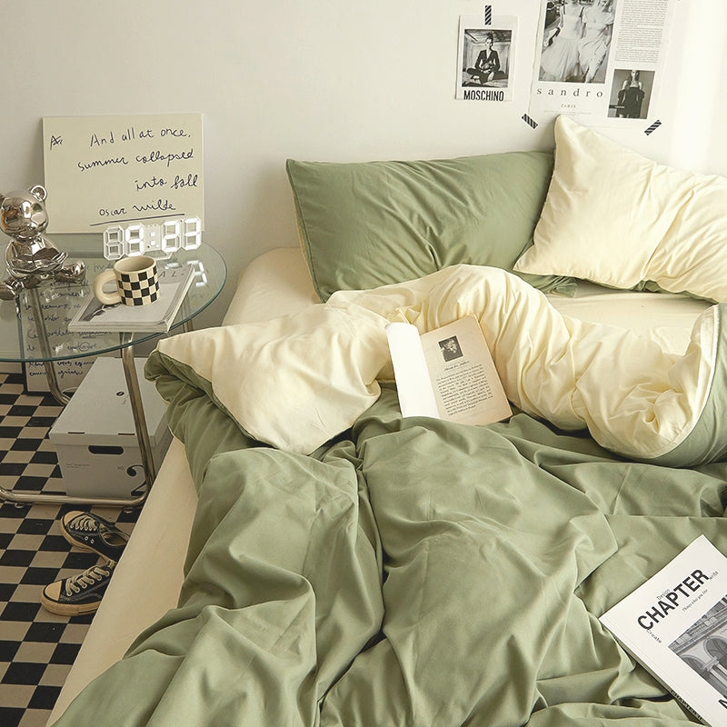 Double color two-tone bedding set "Matcha Cream"
