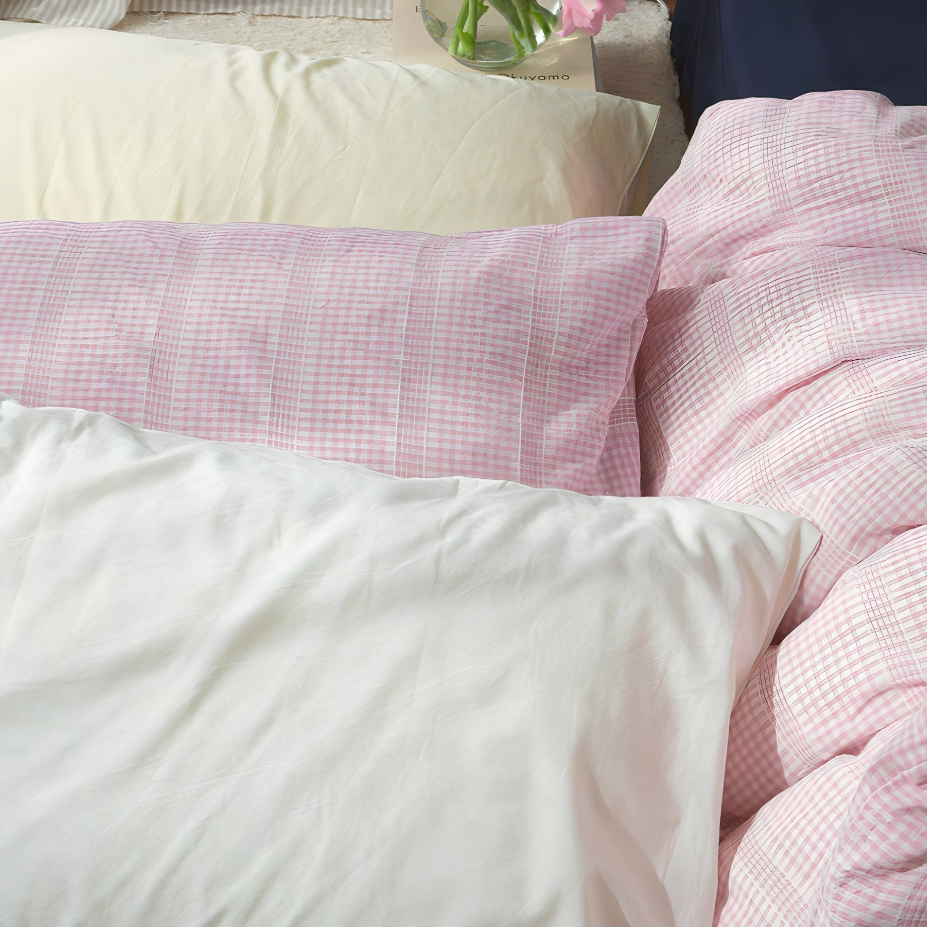 レトロピンクチェックコットン寝具セット