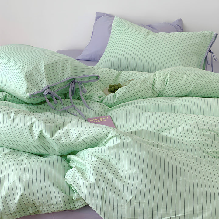 Mint Stripe Ribbon Cotton Bedding Set