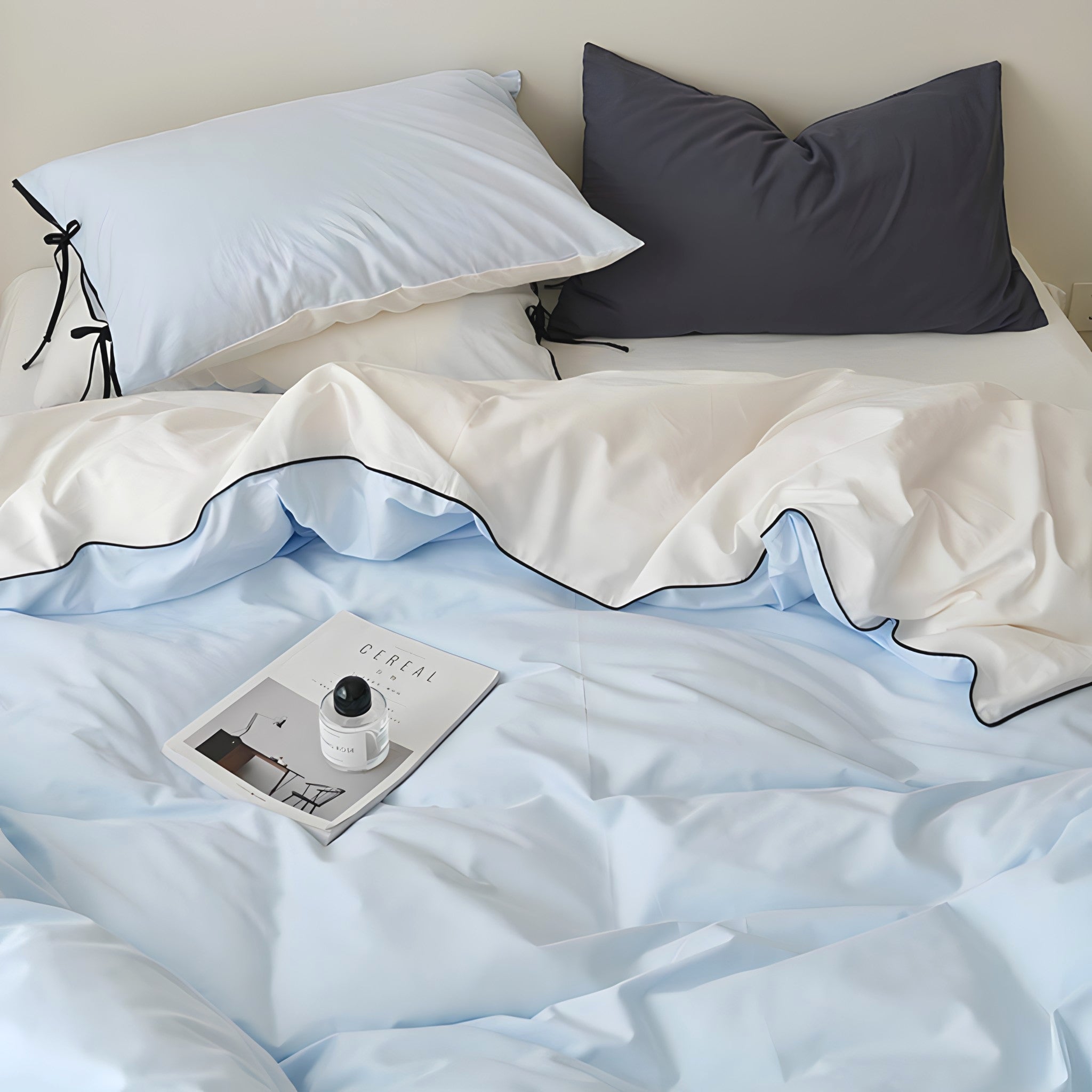 ピュアコットンカラーブロックパイピングブルー寝具セット