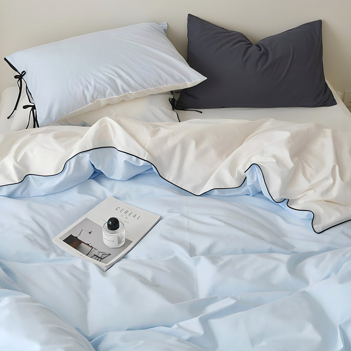 Pure Cotton Color Block Piping Blue Bedding Set