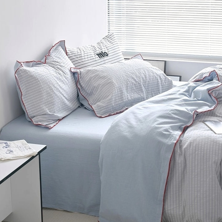 シアサッカーレッドパイピング寝具セット