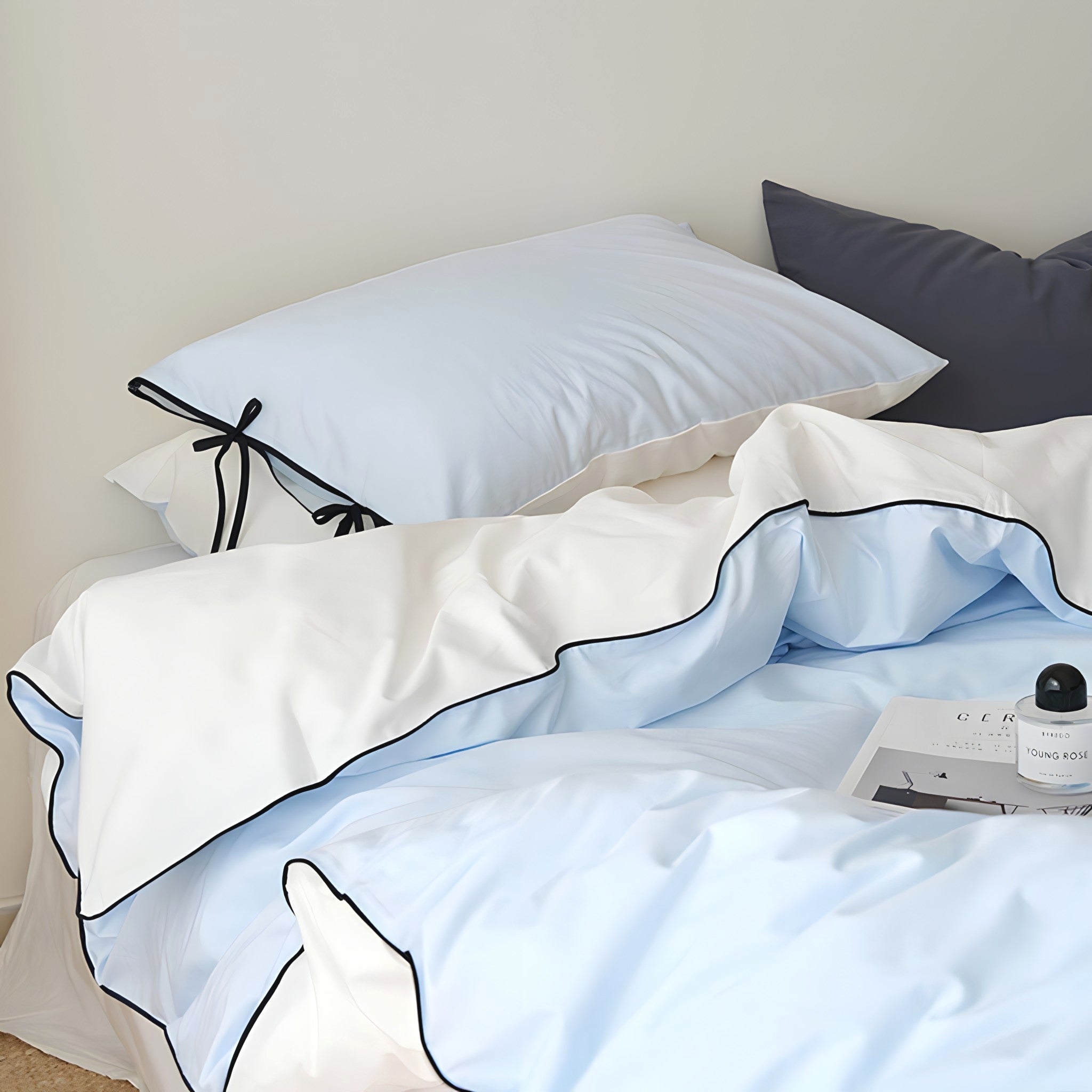 ピュアコットンカラーブロックパイピングブルー寝具セット