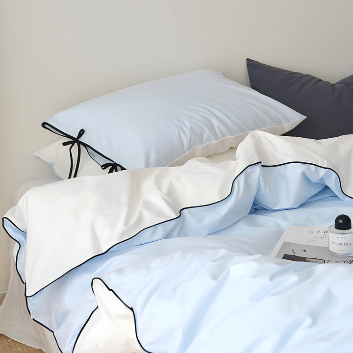 Pure Cotton Color Block Piping Blue Bedding Set