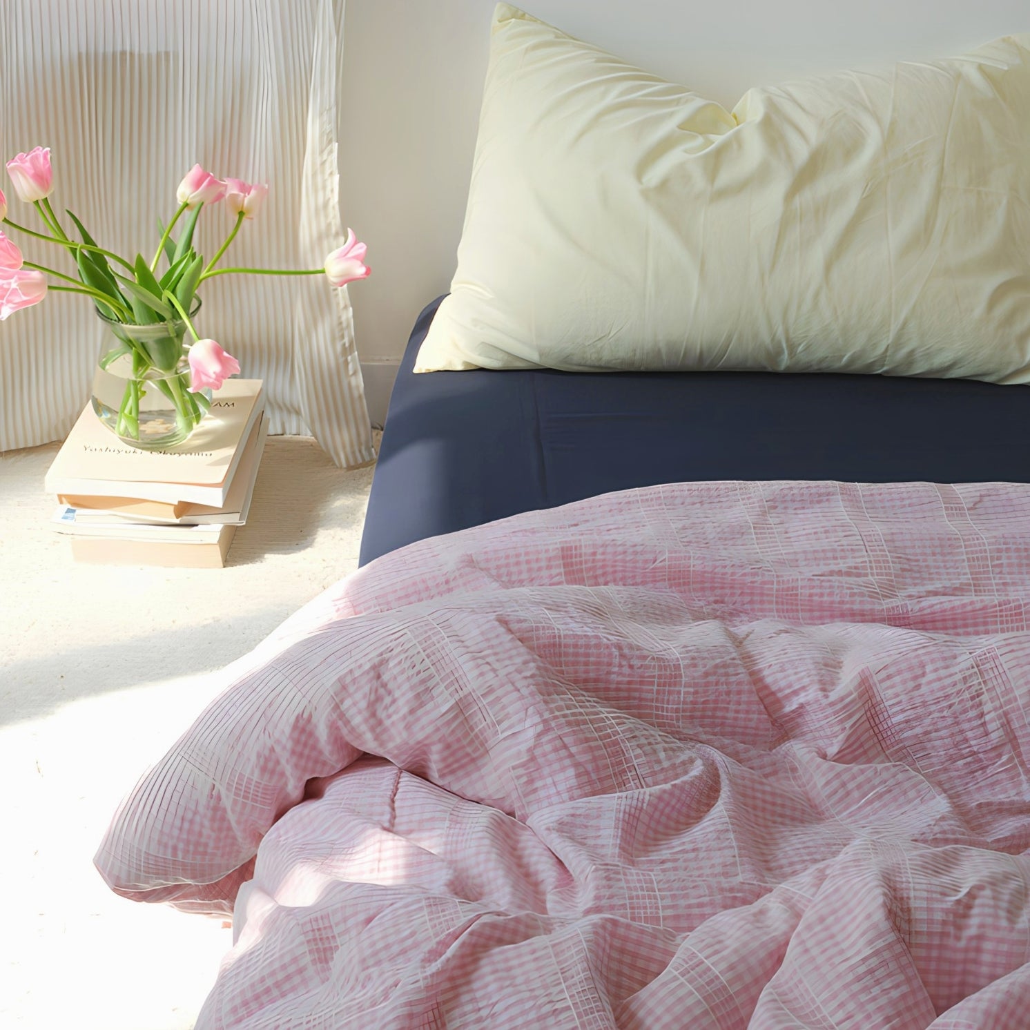 レトロピンクチェックコットン寝具セット
