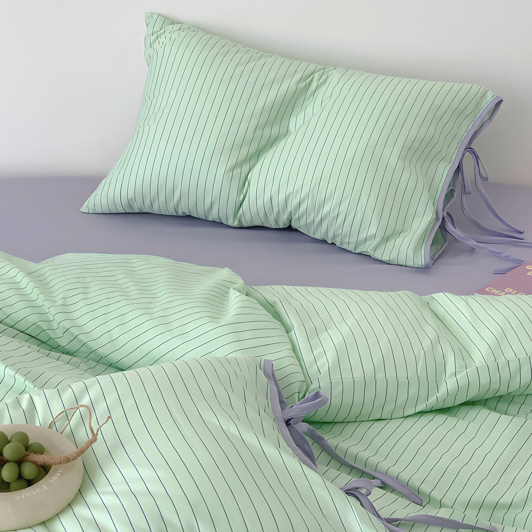 Mint Stripe Ribbon Cotton Bedding Set