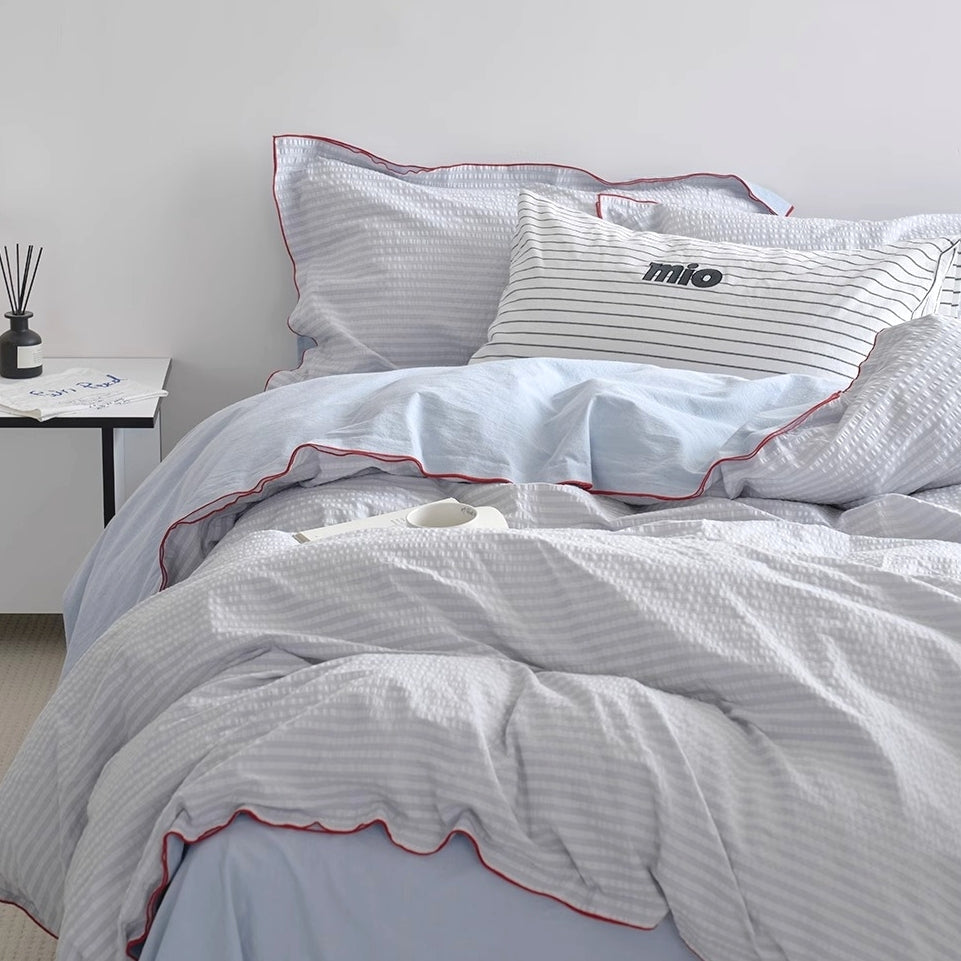 シアサッカーレッドパイピング寝具セット