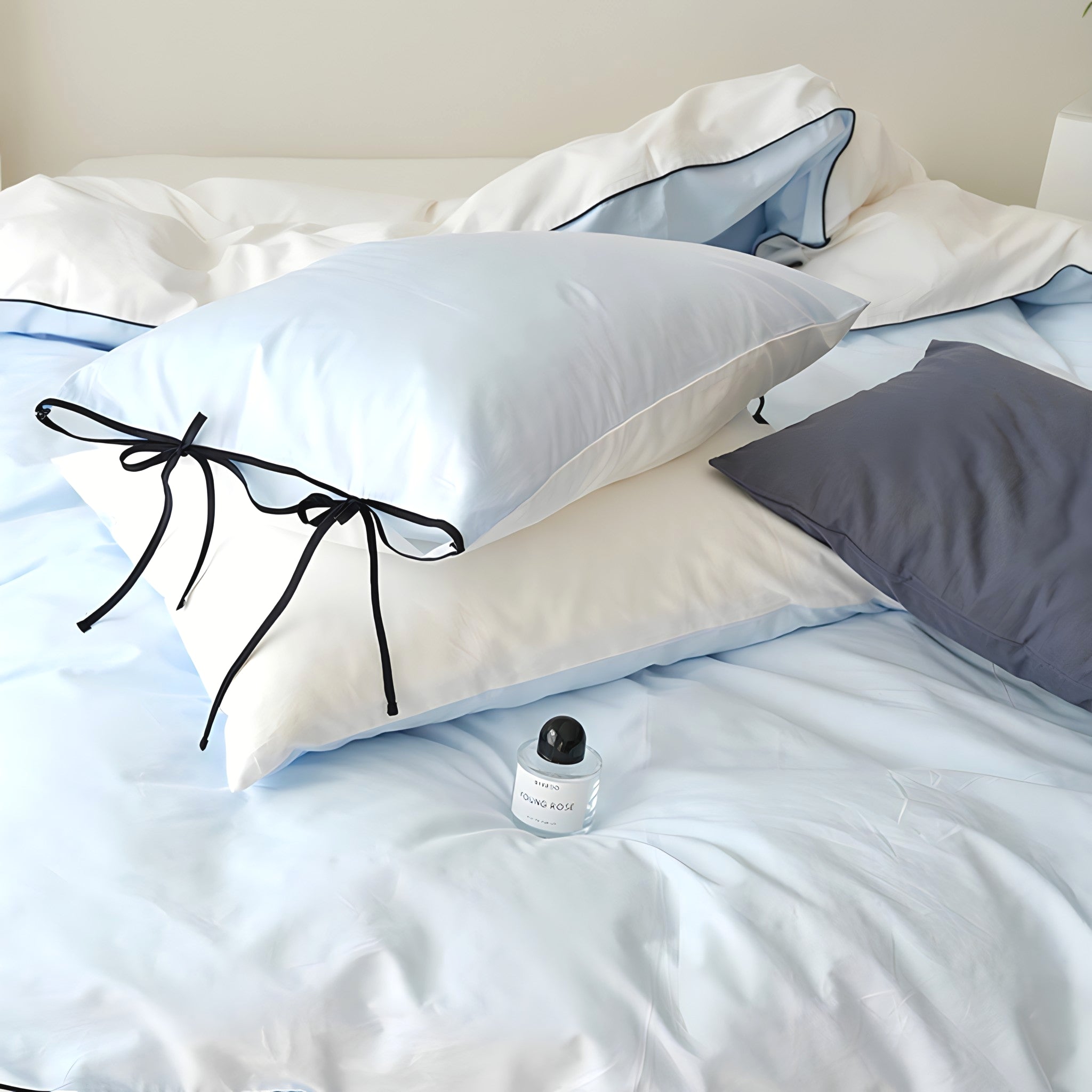 ピュアコットンカラーブロックパイピングブルー寝具セット