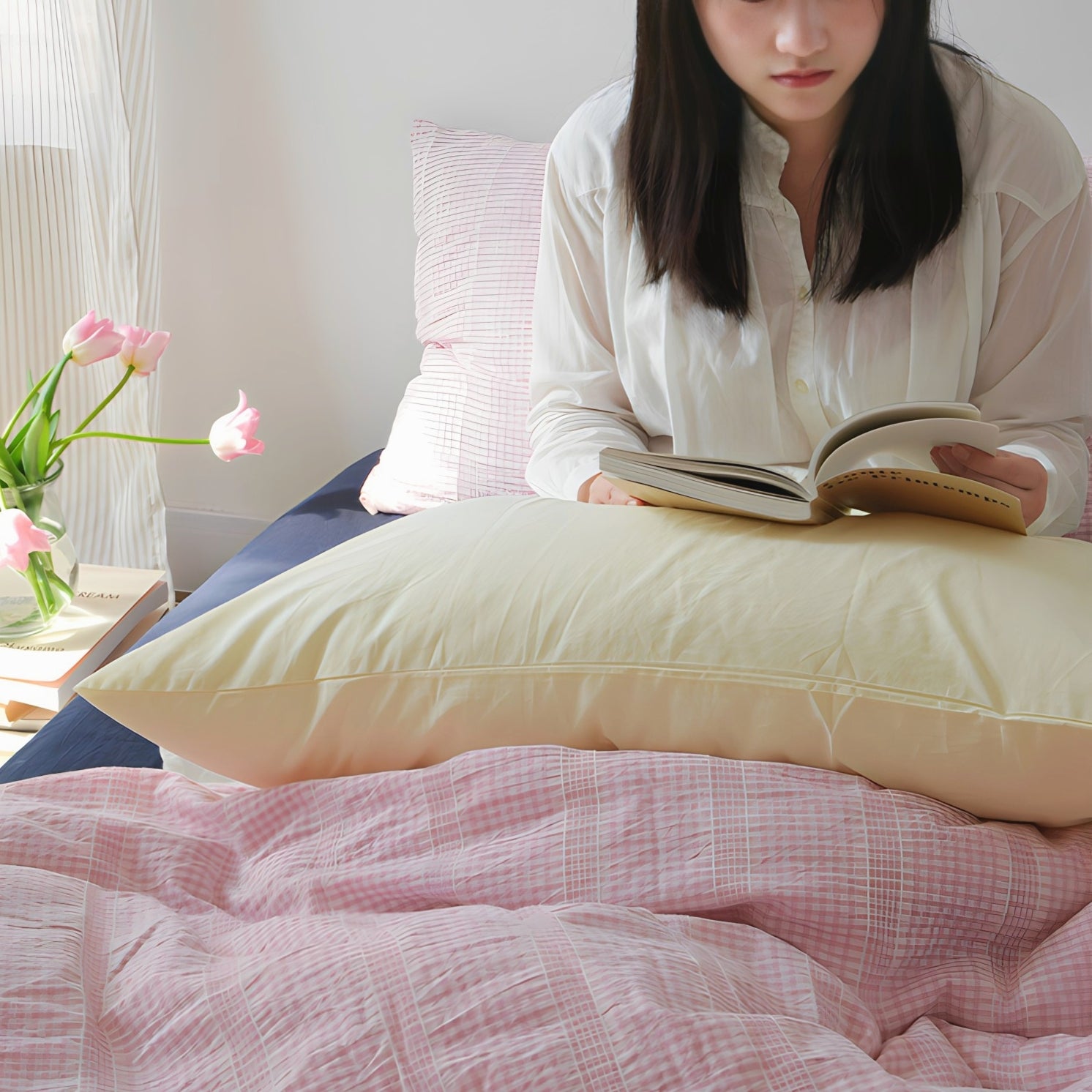 レトロピンクチェックコットン寝具セット