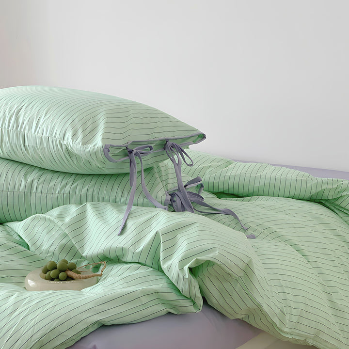 Mint Stripe Ribbon Cotton Bedding Set
