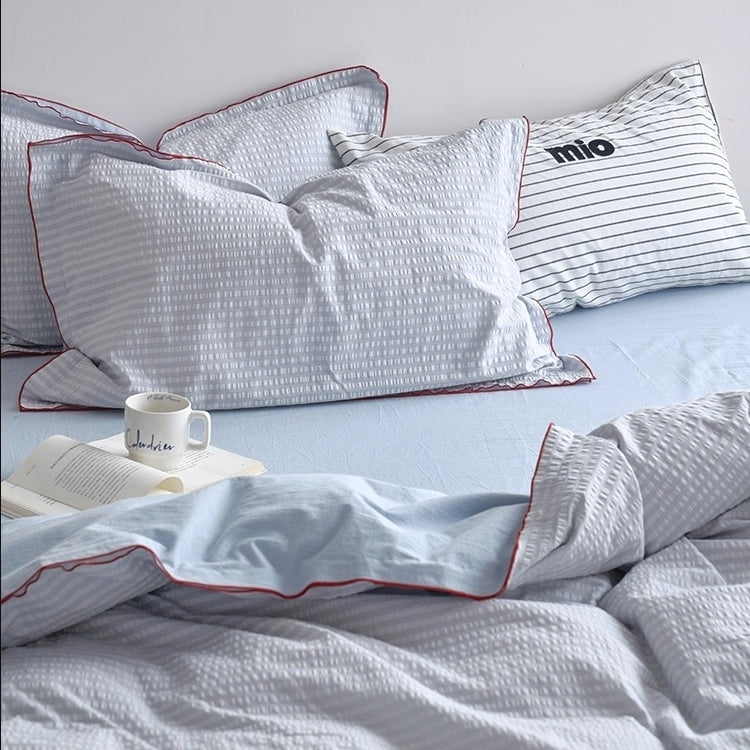 シアサッカーレッドパイピング寝具セット