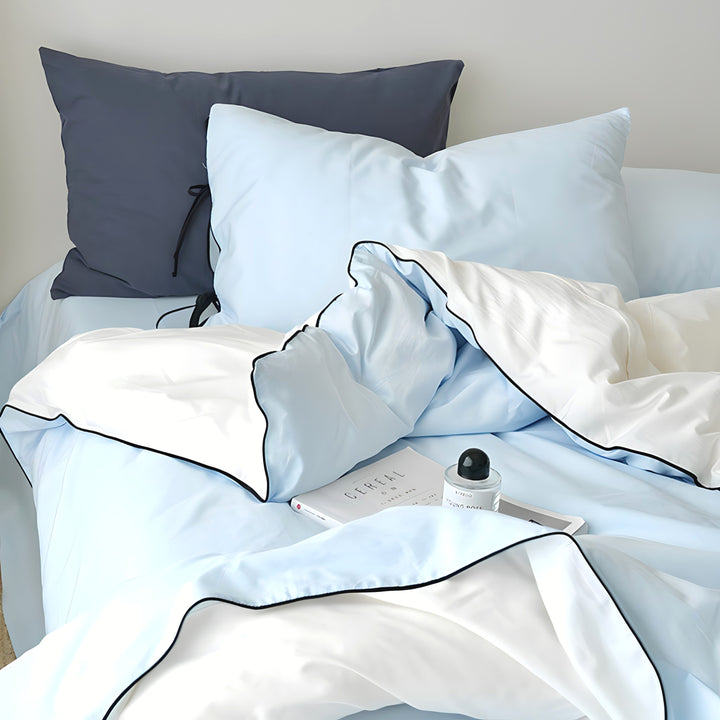 Pure Cotton Color Block Piping Blue Bedding Set