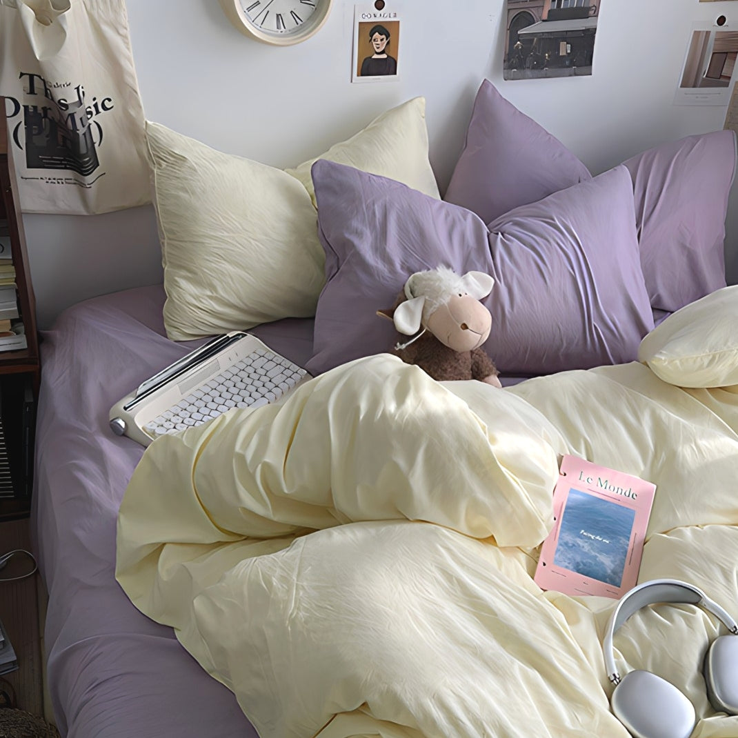 Double-Color Cotton Bedding Set in Cheese Purple