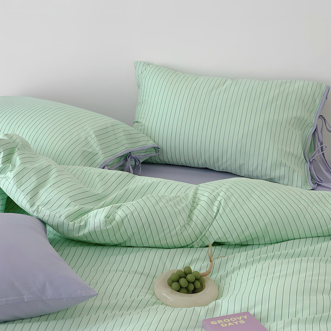 Mint Stripe Ribbon Cotton Bedding Set