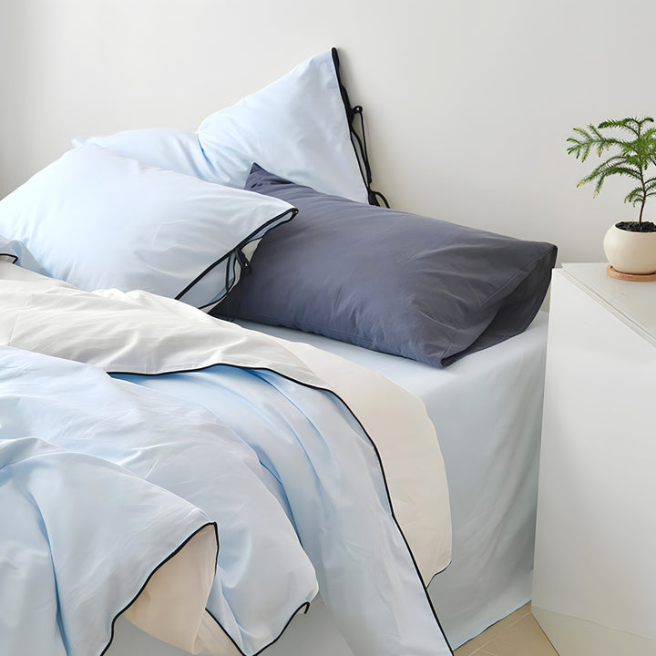 Pure Cotton Color Block Piping Blue Bedding Set