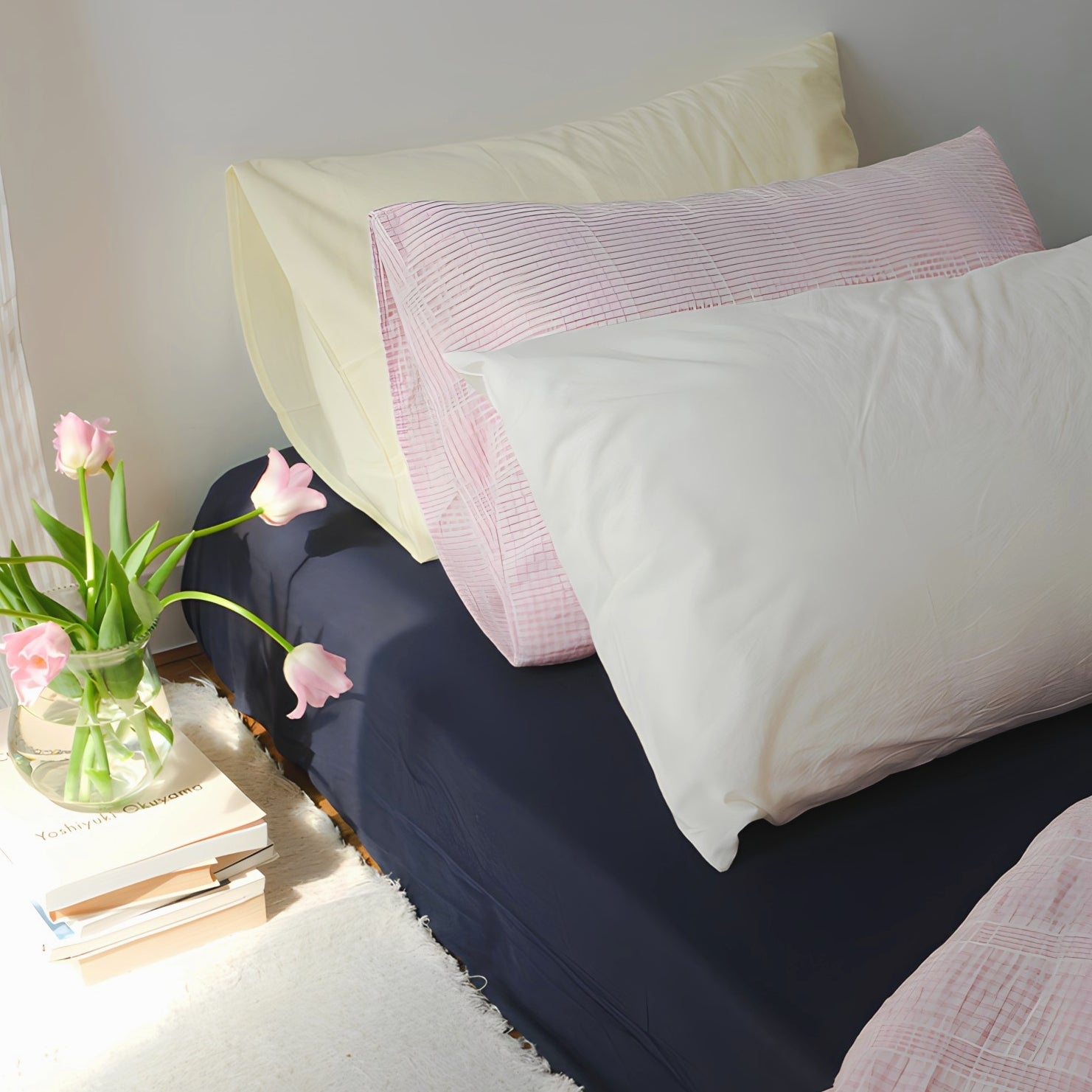 レトロピンクチェックコットン寝具セット