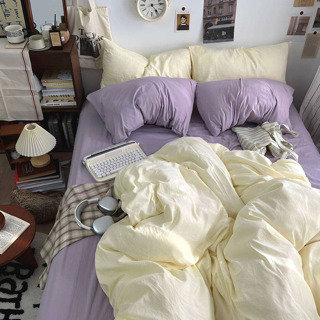 Double-Color Cotton Bedding Set in Cheese Purple