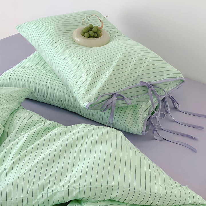 Mint Stripe Ribbon Cotton Bedding Set