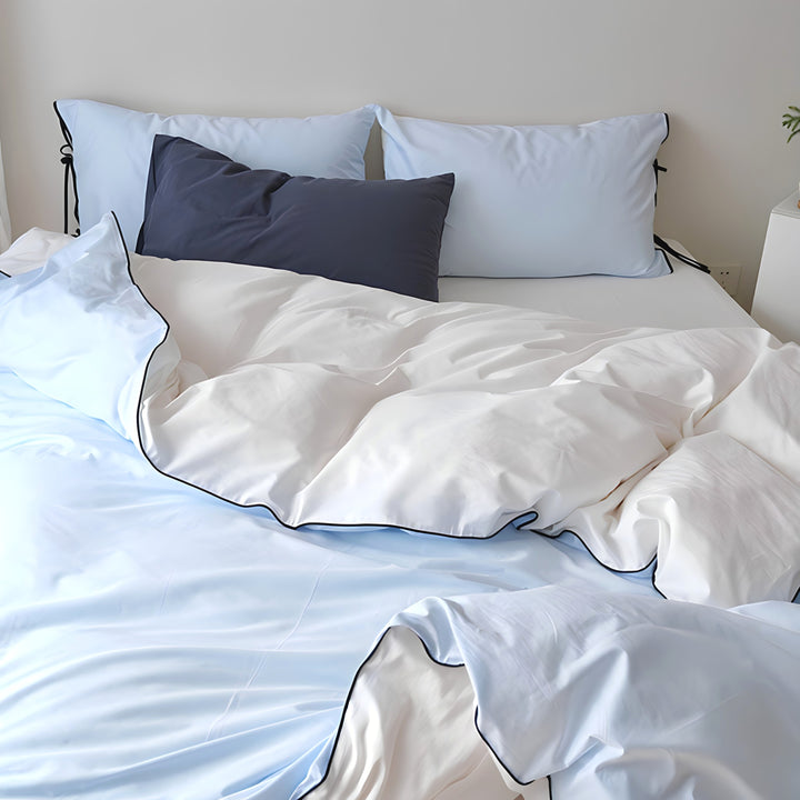 Pure Cotton Color Block Piping Blue Bedding Set