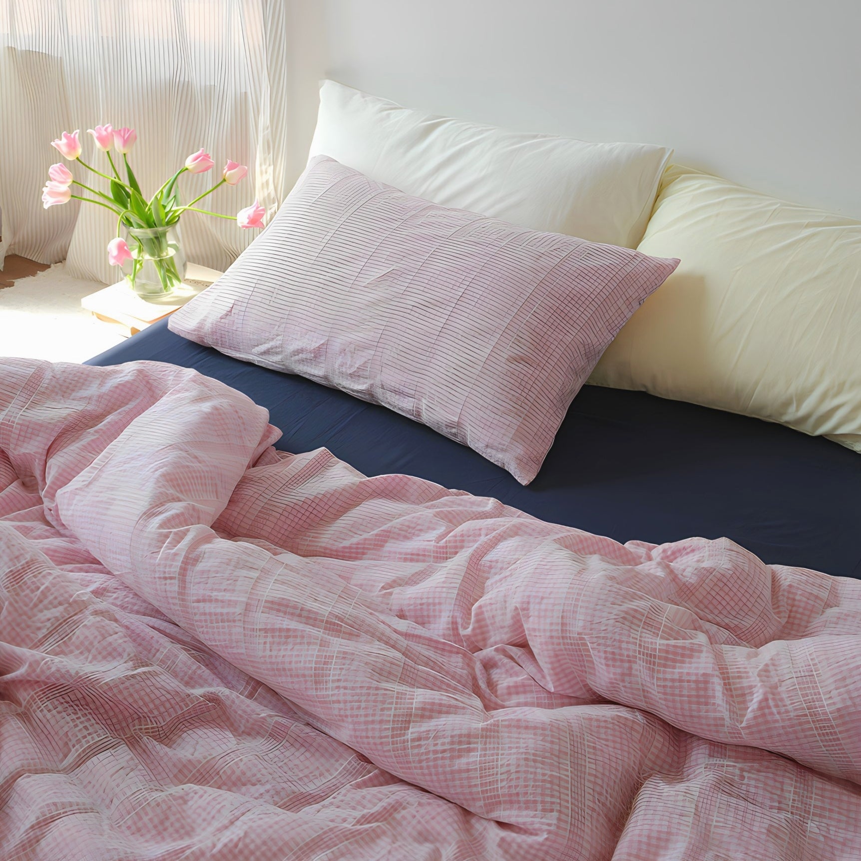 レトロピンクチェックコットン寝具セット