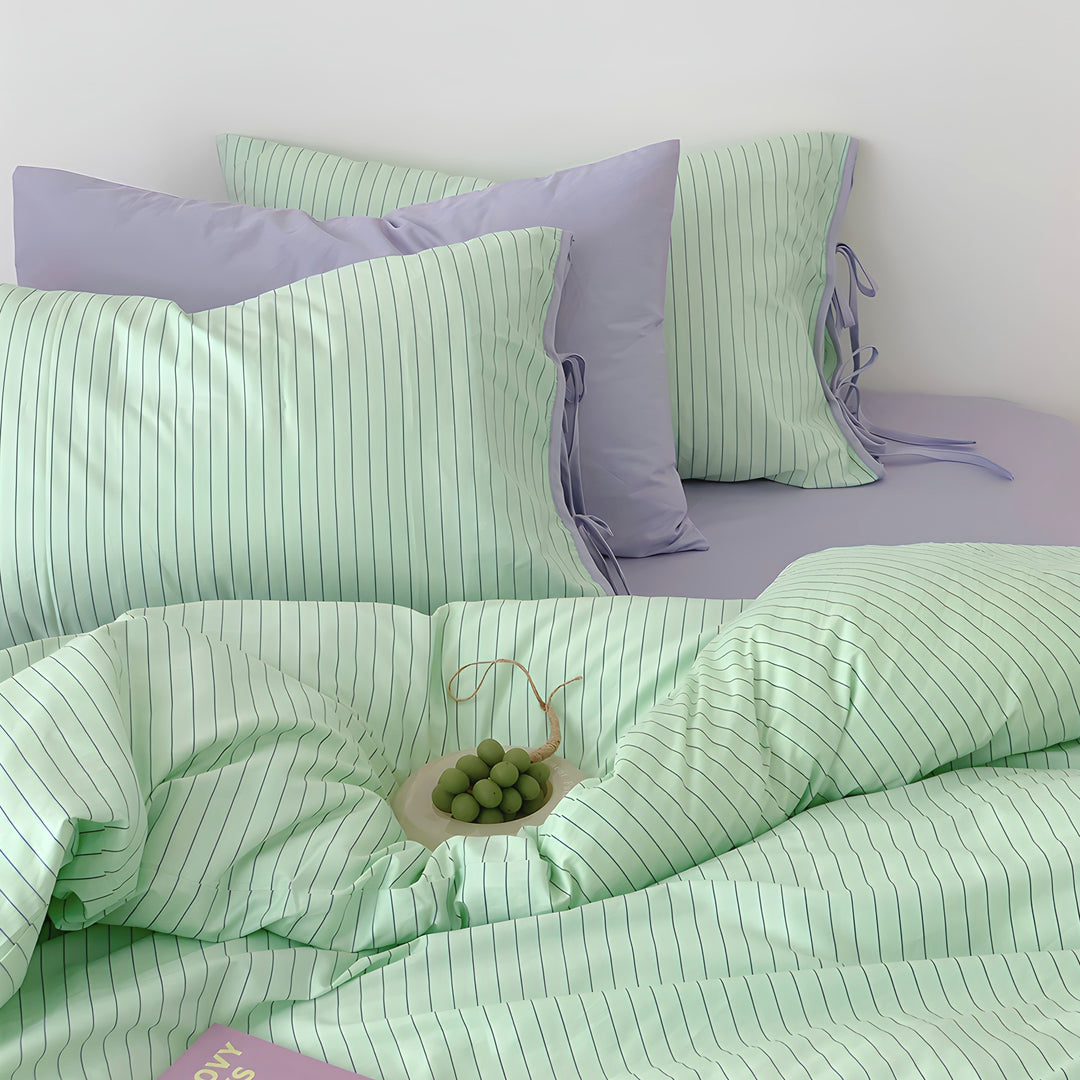 Mint Stripe Ribbon Cotton Bedding Set