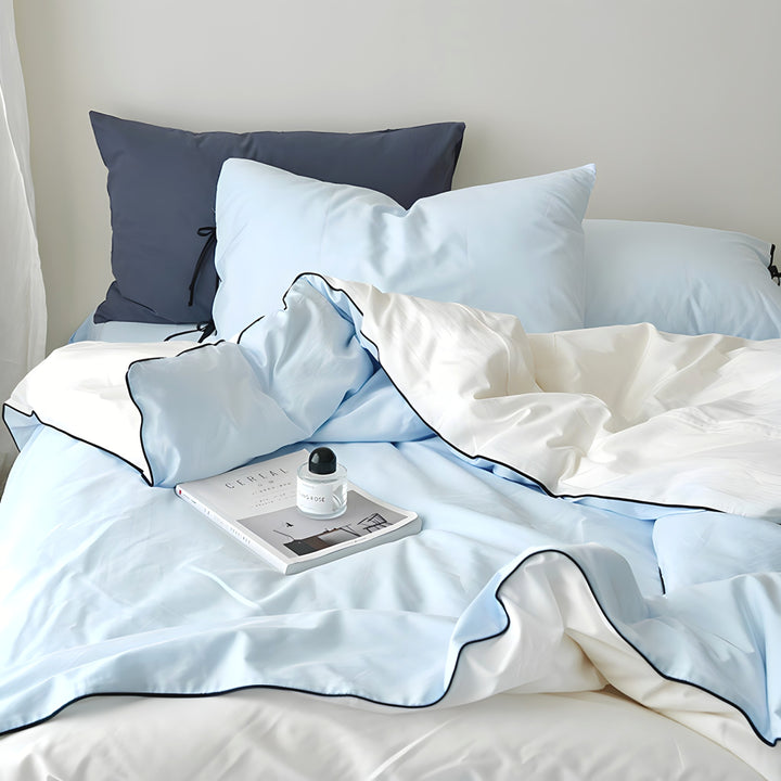 Pure Cotton Color Block Piping Blue Bedding Set