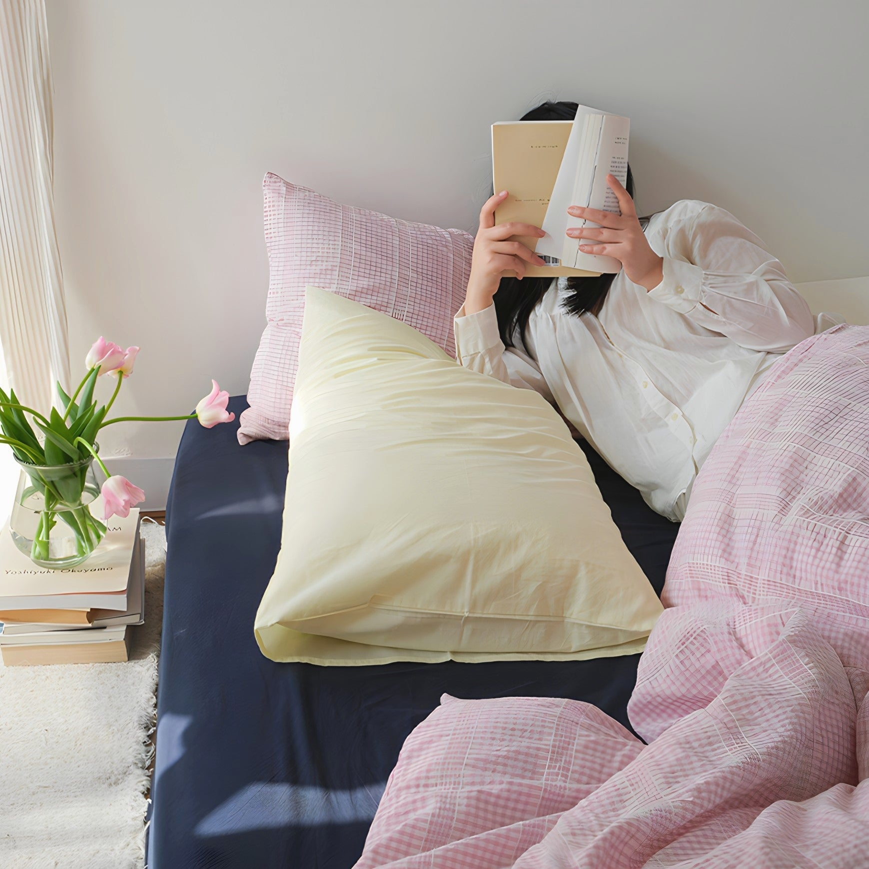 レトロピンクチェックコットン寝具セット