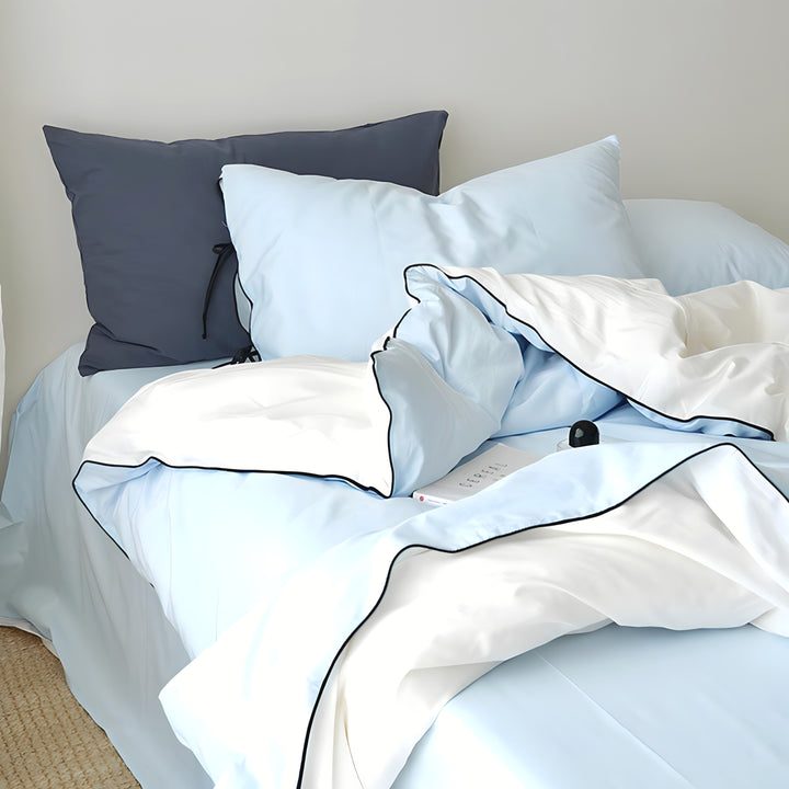 Pure Cotton Color Block Piping Blue Bedding Set