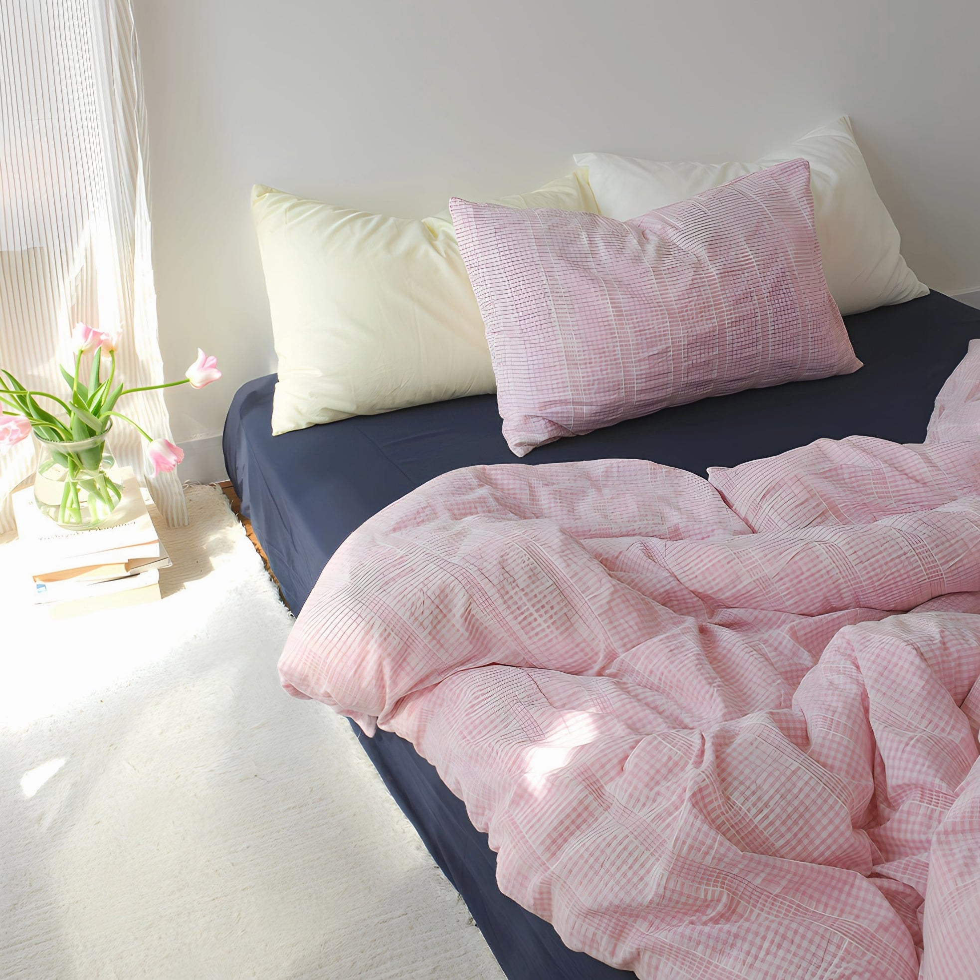 レトロピンクチェックコットン寝具セット