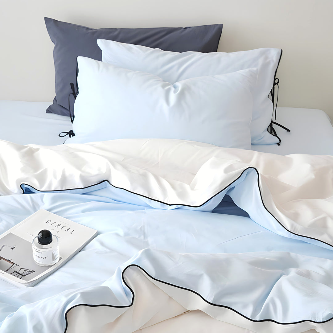 Pure Cotton Color Block Piping Blue Bedding Set