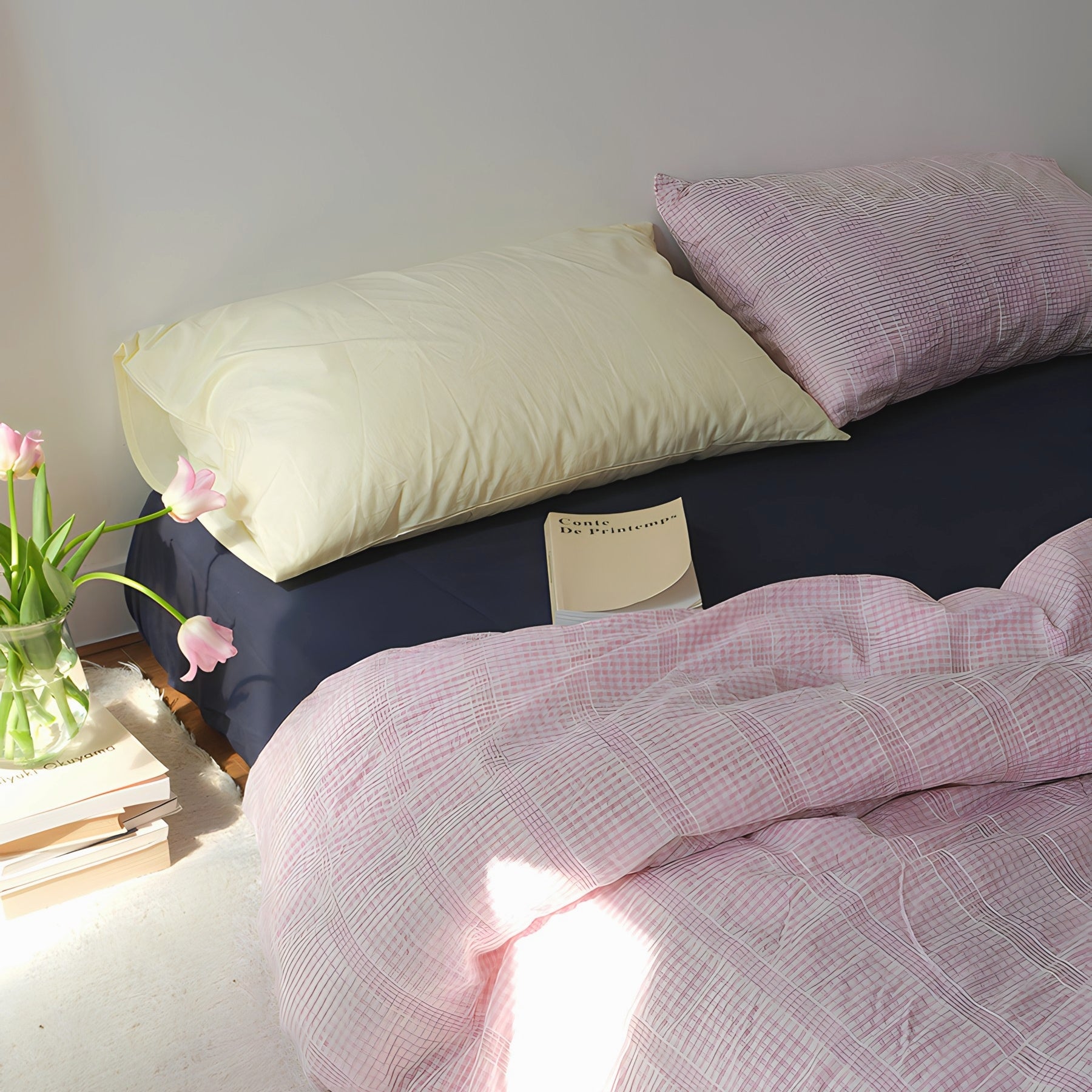 レトロピンクチェックコットン寝具セット