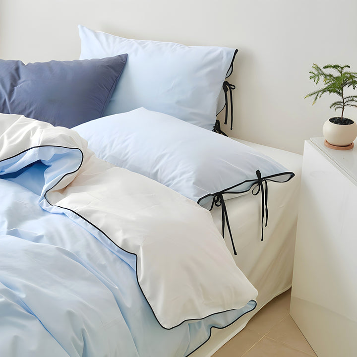 Pure Cotton Color Block Piping Blue Bedding Set