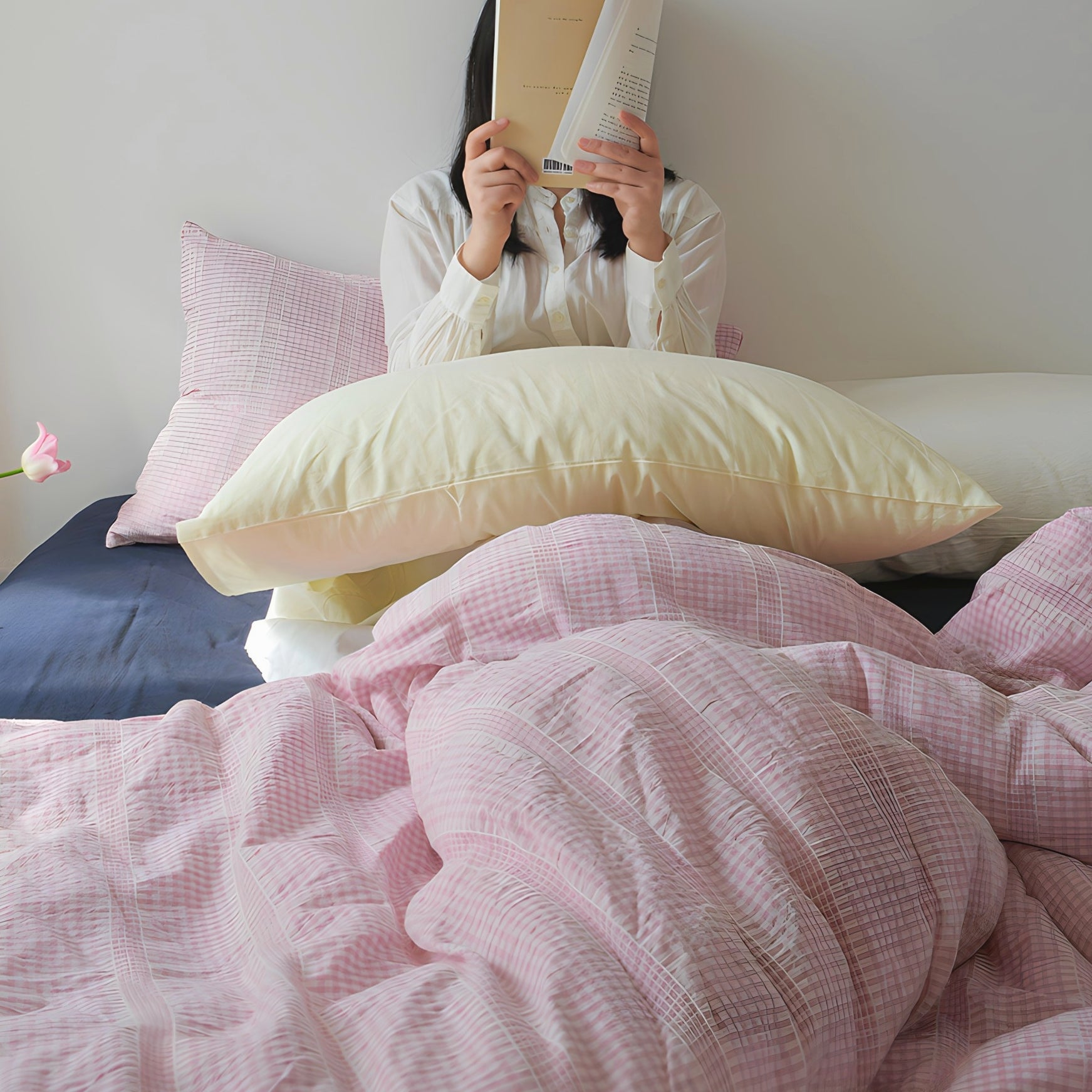 レトロピンクチェックコットン寝具セット