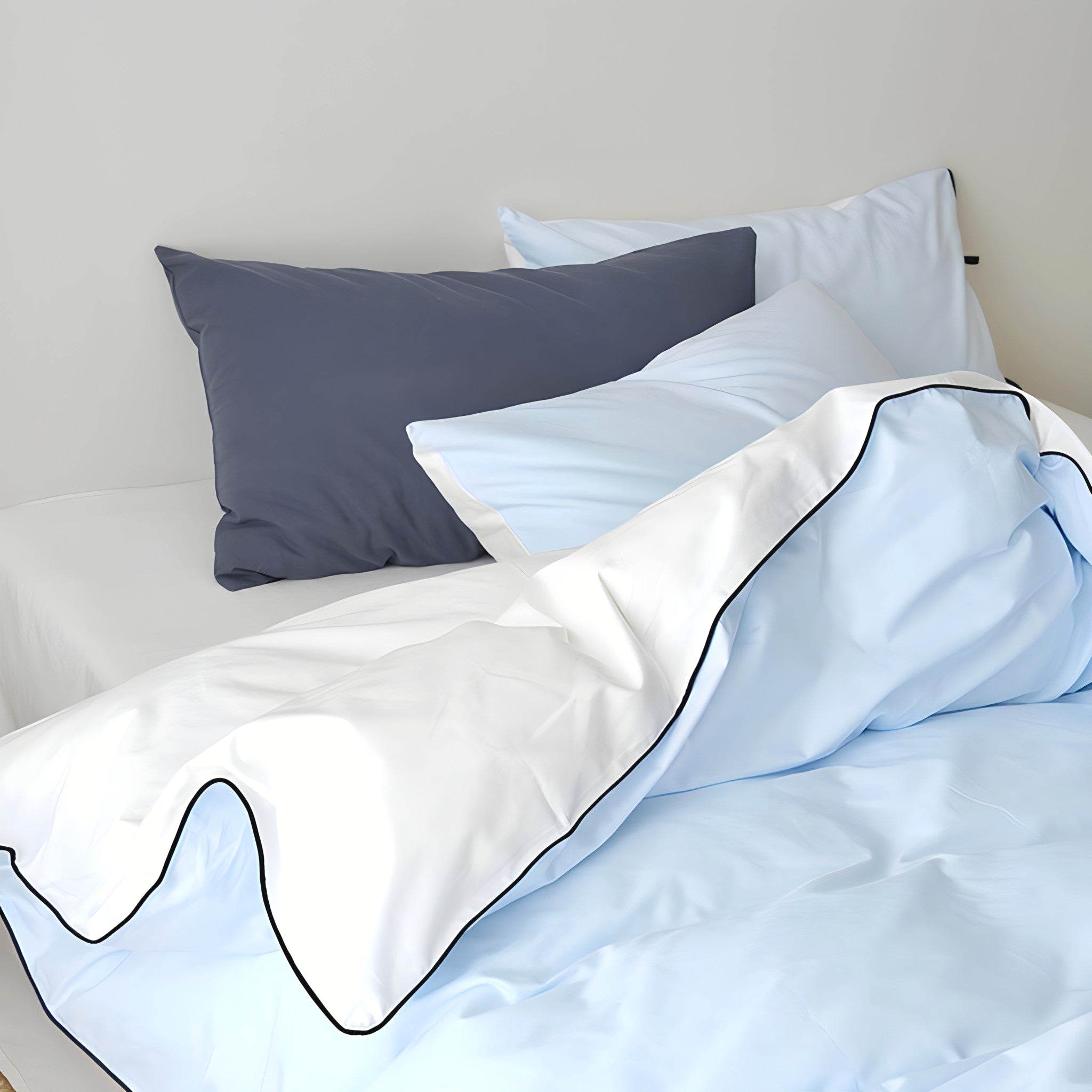 ピュアコットンカラーブロックパイピングブルー寝具セット