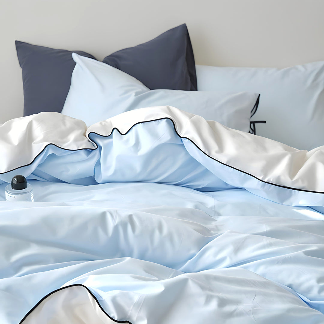 Pure Cotton Color Block Piping Blue Bedding Set