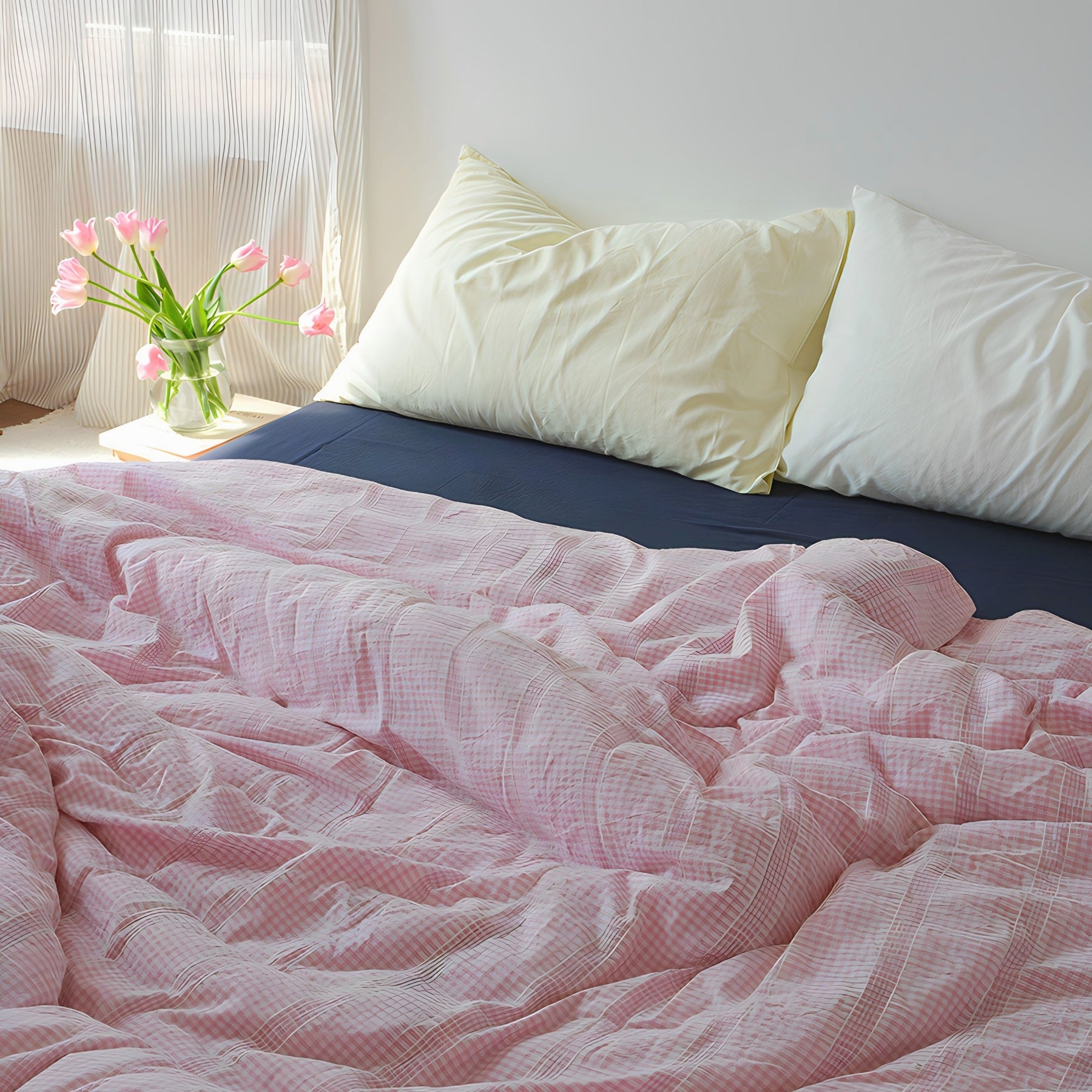 レトロピンクチェックコットン寝具セット
