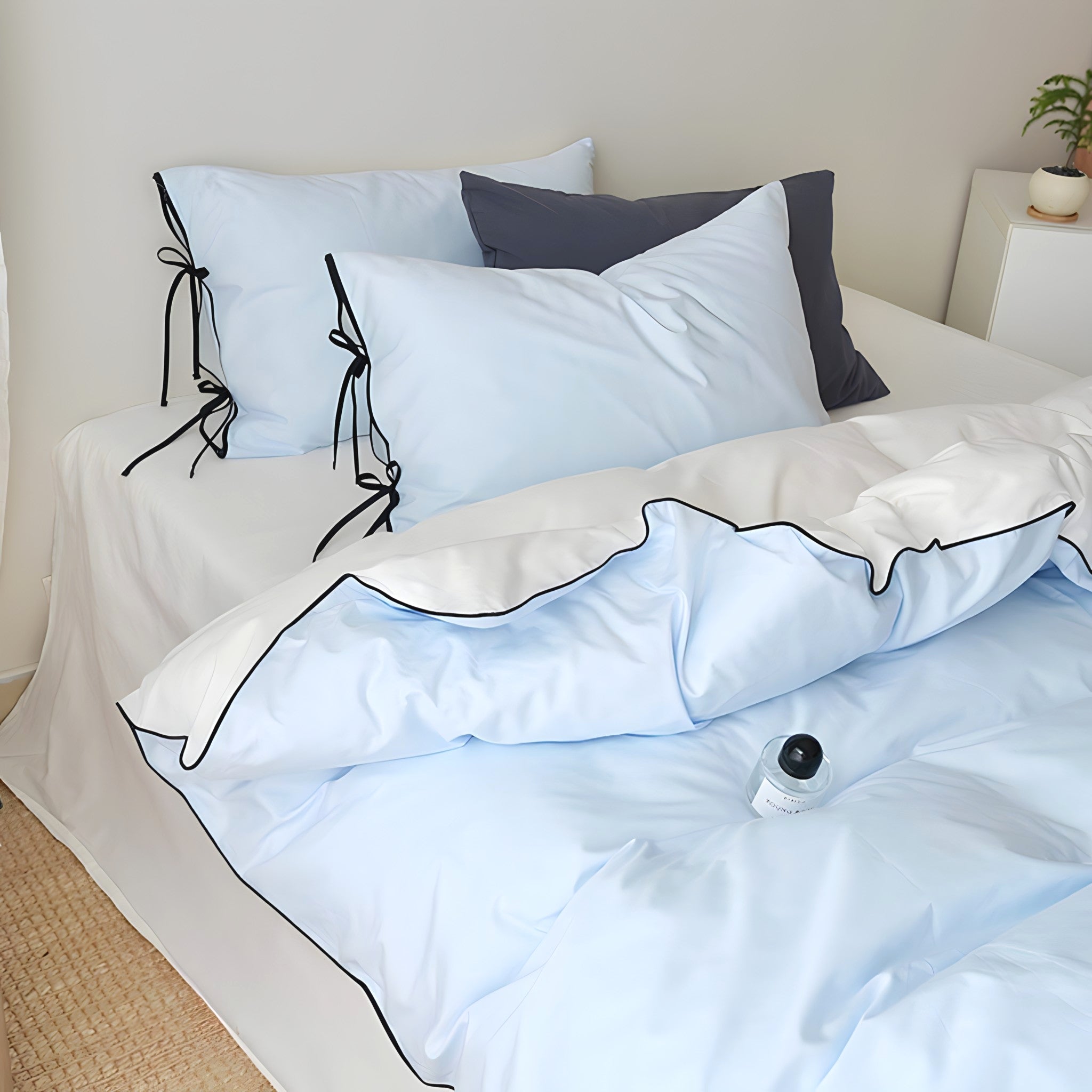 ピュアコットンカラーブロックパイピングブルー寝具セット