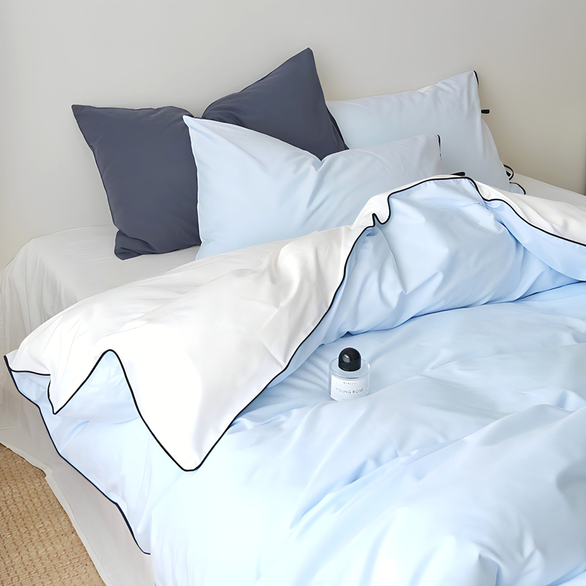 ピュアコットンカラーブロックパイピングブルー寝具セット