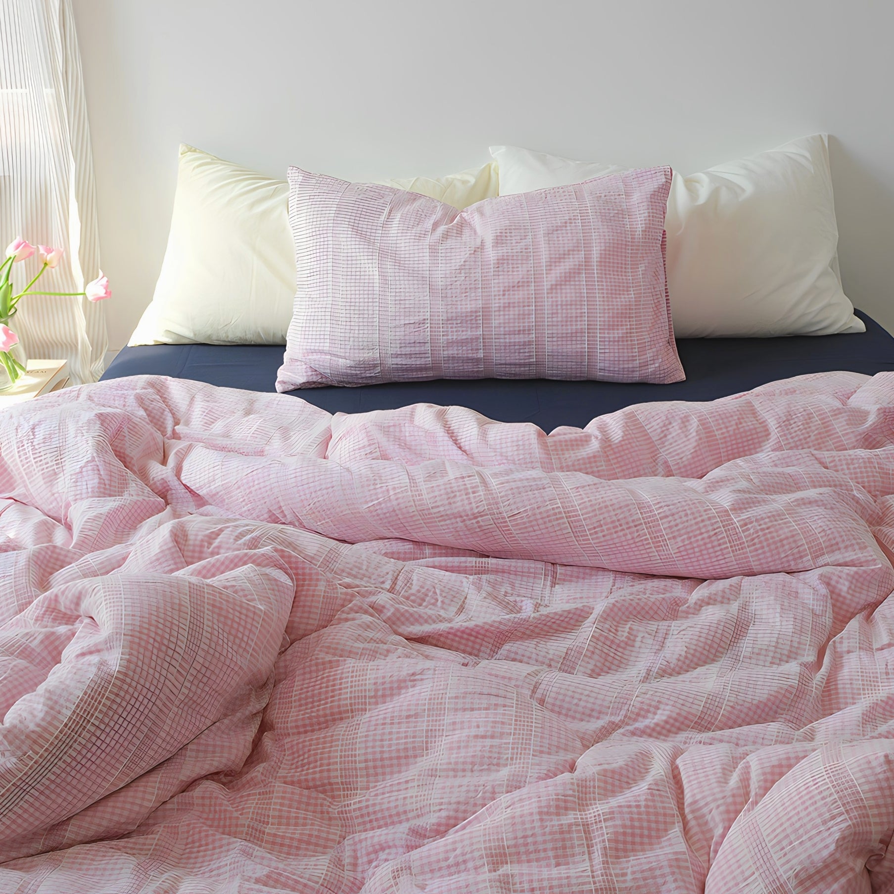 レトロピンクチェックコットン寝具セット
