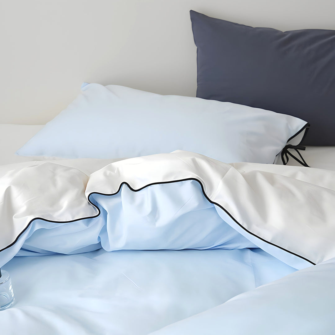 Pure Cotton Color Block Piping Blue Bedding Set