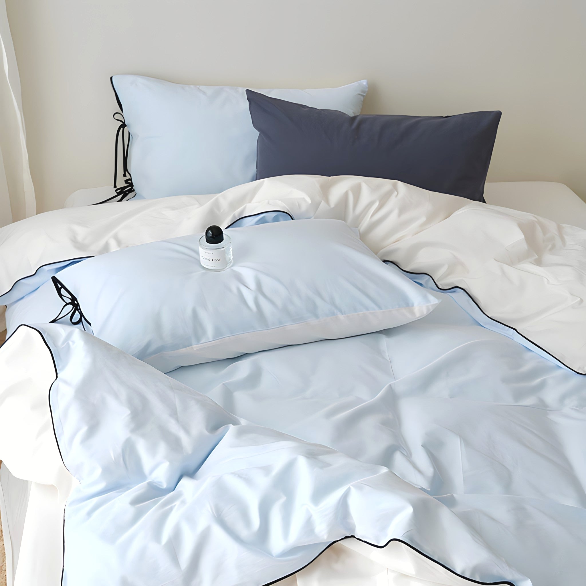 ピュアコットンカラーブロックパイピングブルー寝具セット